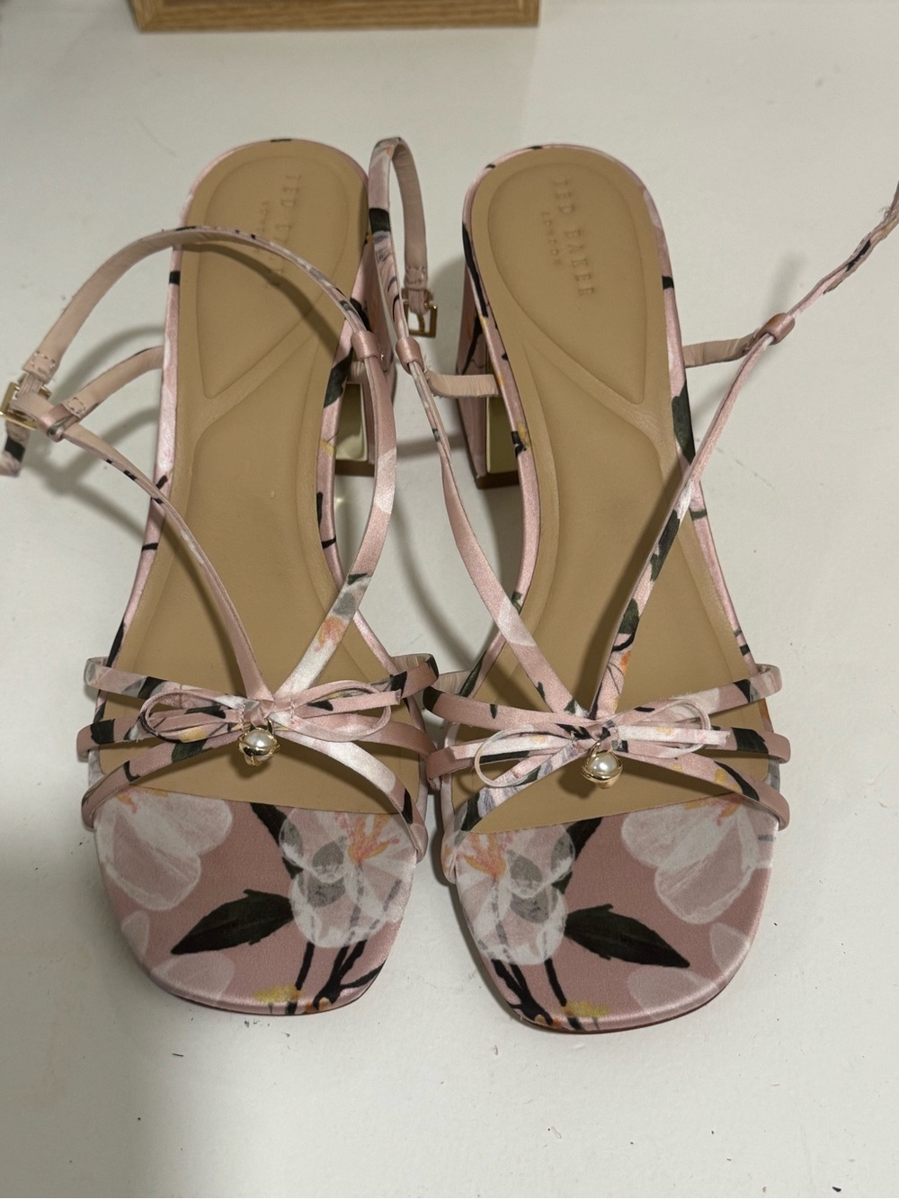 Ted Baker Pink Floral Bow Pearl Strap Block Heels